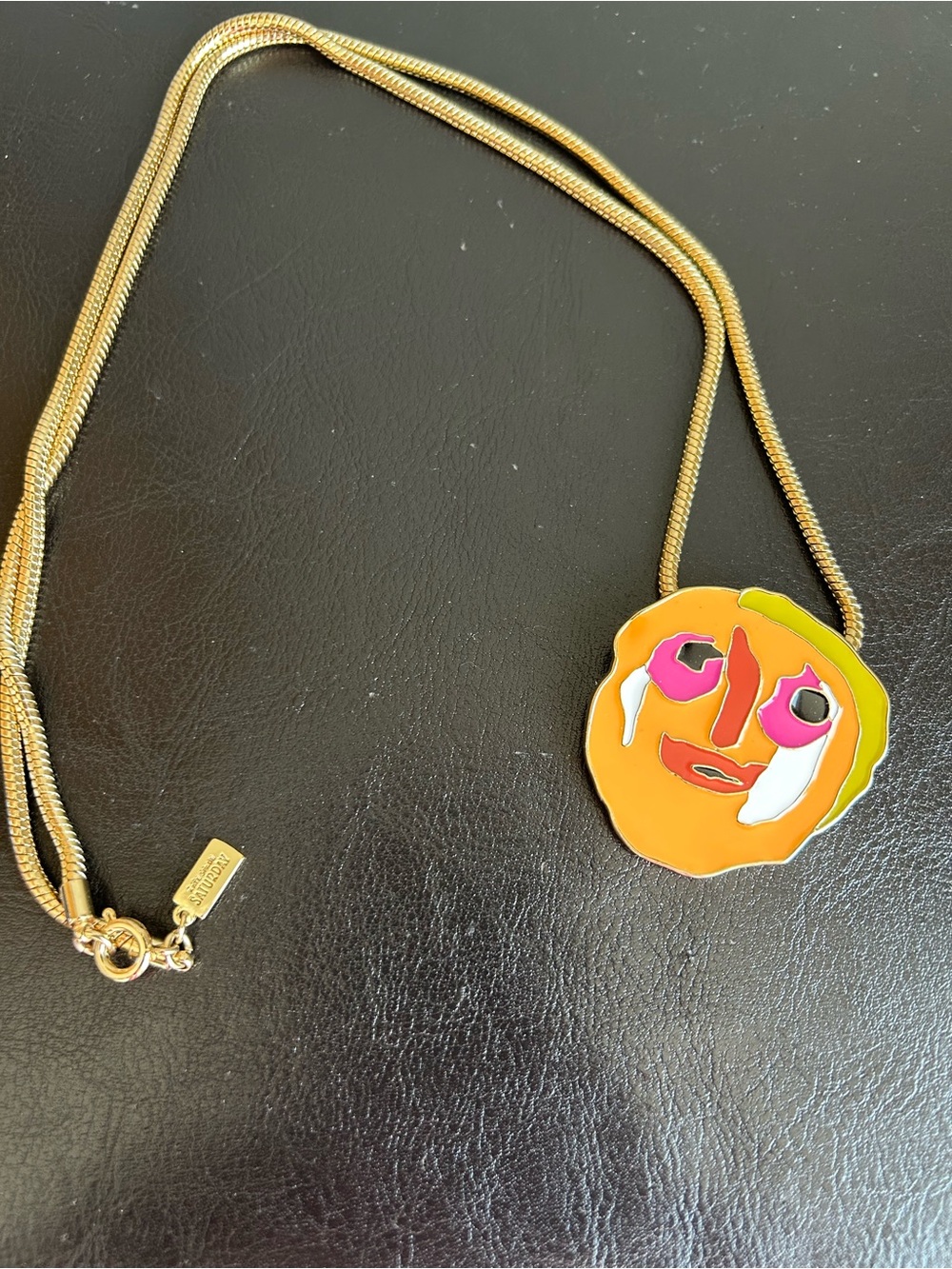 SATURDAY Kate Spade Gold Tone Necklace with Orange & Pink Picasso Style Pendant
